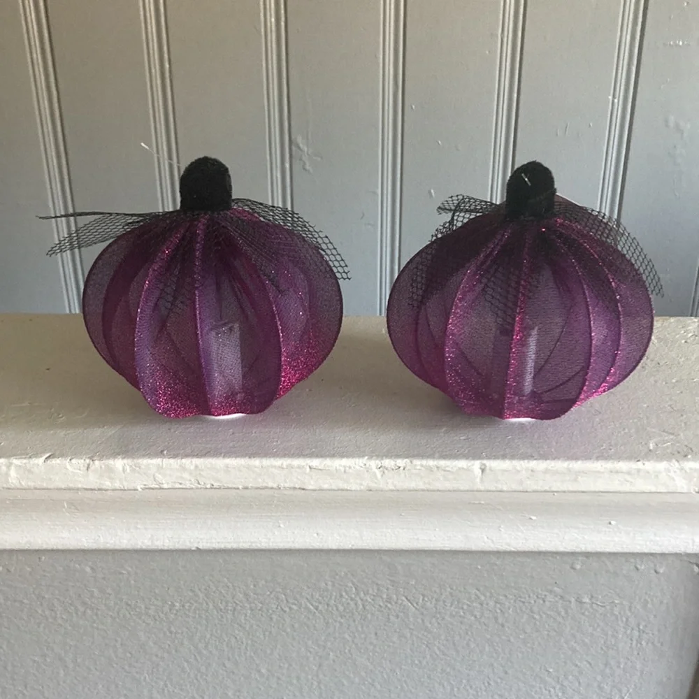 NWT- 2- Elegant Purple Lace Covered Light Up LED Halloween Pumpkin Decorations